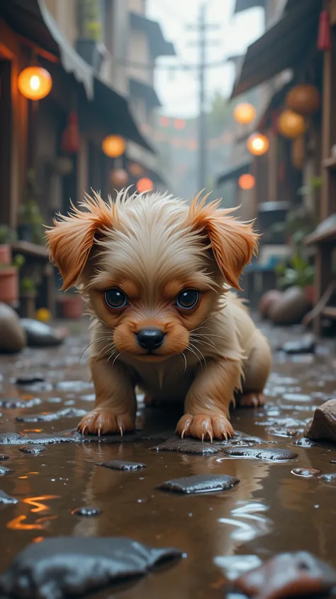 A poor abandoned puppy who has mistakenly stepped on a puddle has wet hair ,bimbo fake lips , breathtaking detail .