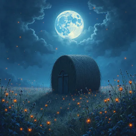 Vibrant fantasy of a stack of hay in the middle of nightshade field under the moonshine