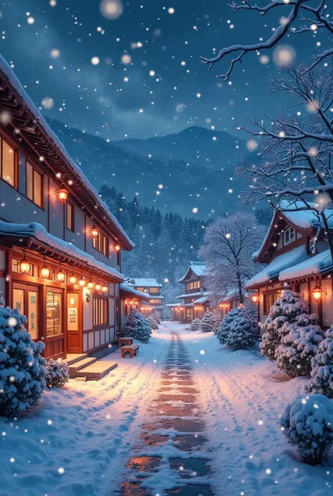 Japanese school, the terrain is big, it's at night, it's falling snow with lots of Christmas decorations, glitter effect, Digita...