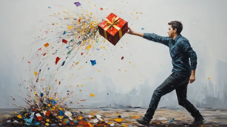A person throwing away a gift that once meant everything, oil painting and abstract 2D