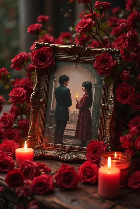 Poster saying “Ayden and blossom’s room” surrounded my candles and dark red flowers