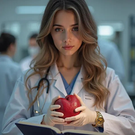 A beautiful girl who is a medical student simulates the operation of a heart (32 year old woman, of fair skin, brown hair with ...
