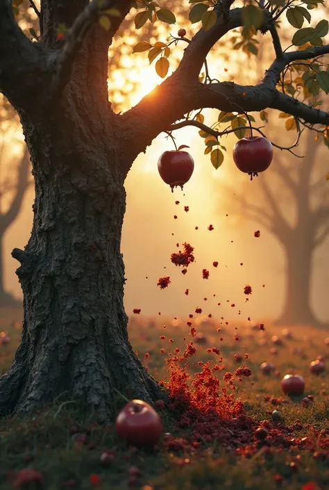 "Ultra-realistic cinematic 4K 3D portrait scene of an eerie orchard at golden hour. A single, ancient apple tree stands prominen...