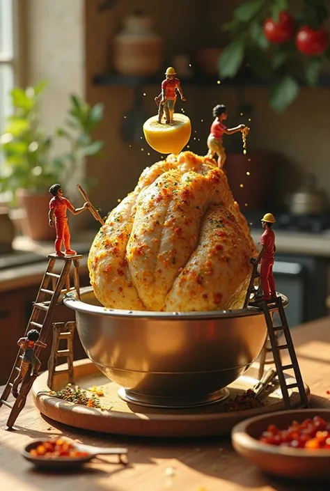 A 3D miniature cooking setup where tiny people stand on ladders and scaffolding, marinating enormous pieces of chicken with yogu...