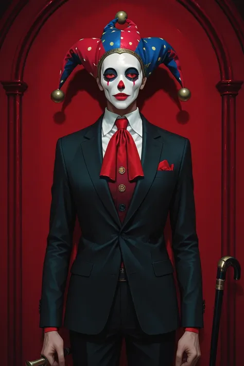 a skinny man with a cane, dressed in an expensive black and red business suit with elements of a jester's outfit, Venetian jeste...