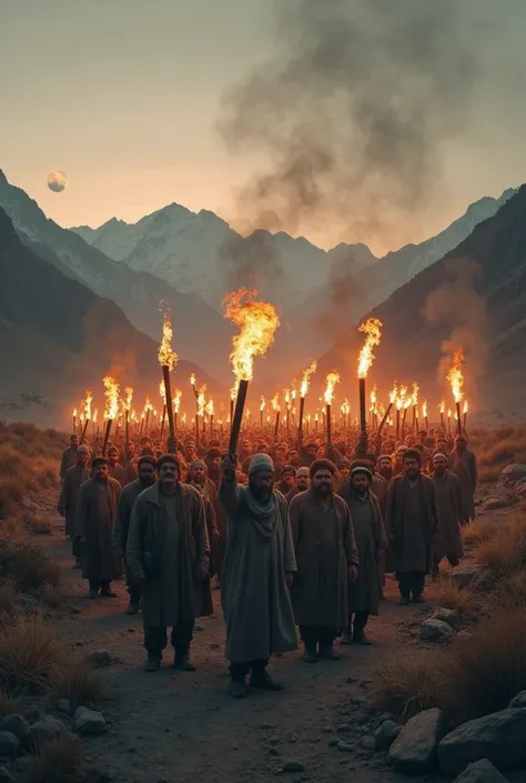 > A realistic, cinematic-style scene set in the rugged mountains of Rojhilat Kurdistan at dawn. A large group of united Kurdish ...