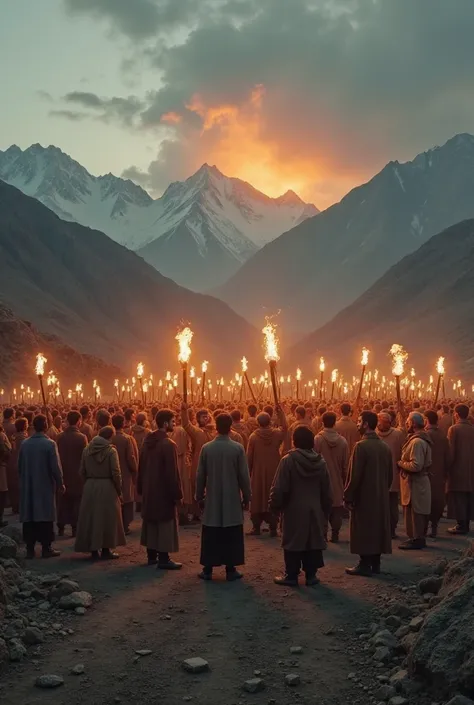 > A realistic, cinematic-style scene set in the rugged mountains of Rojhilat Kurdistan at dawn. A large group of united Kurdish ...