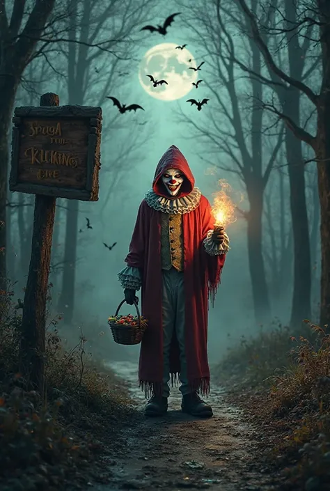 Creation of a poster for a Halloween event. The poster will be composed of a wood, d'un sentier. Sur le sentier, il y aura un cl...