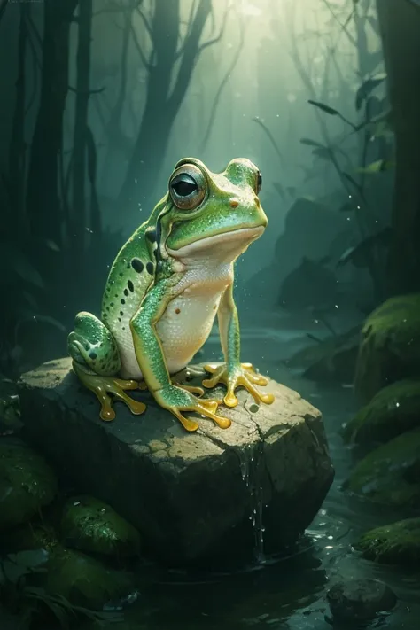 there is a frog that is sitting on a rock in the water, inspired Igor Kieriluk, portrait of a frog, frog, Alexei Egorov, alien f...