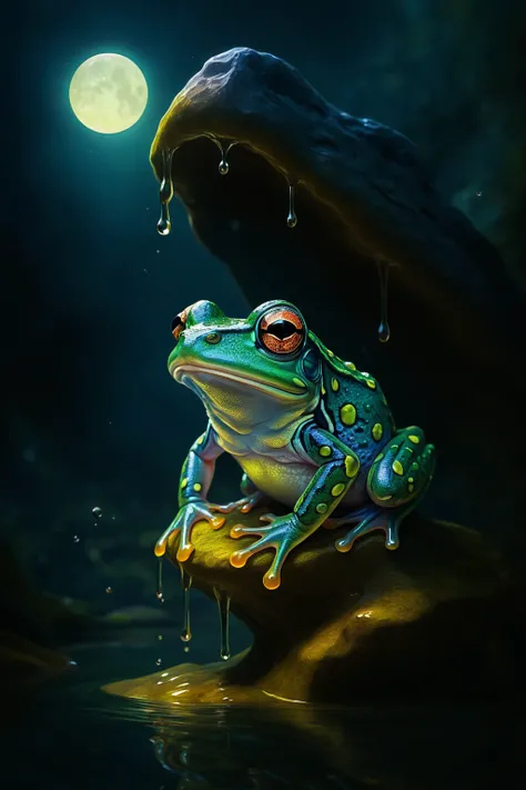 there is a frog that is sitting on a rock in the water, glossy digital painting, digital painting highly detailed, highly detail...