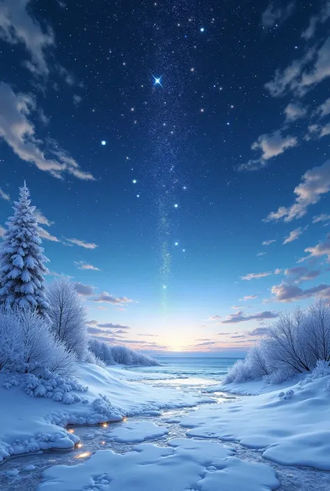 Landscape orientation, a combo of genshin Impact (specifically stars, night etc more on space), winter, beach with diamond shape...