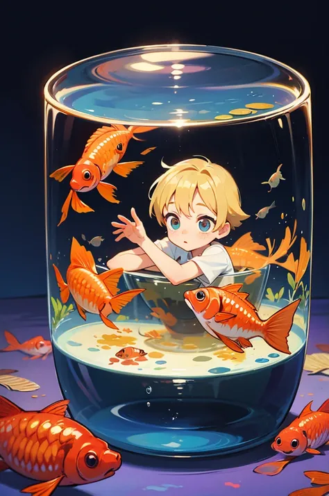 Little boy trapped inside the fish tank(Blonde)　goldfish