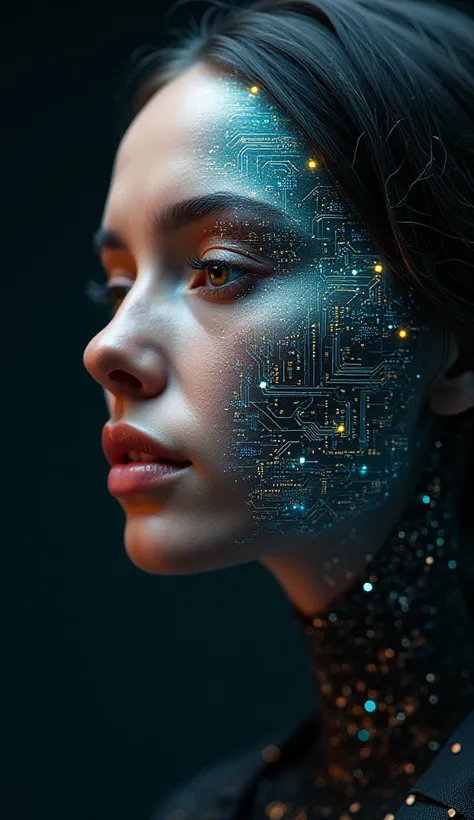 A human profile where half of the face is real and the other half is made up of digital codes or electronic circuits.