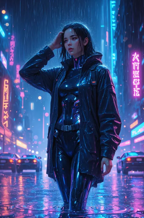 1girl, cyberpunk cyborg, wet hair in rain, enjoying rain, night city, futuristic, sci-fi, 8k, masterpiece, ultra-detailed, reali...