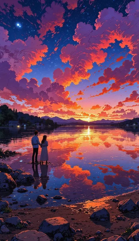 Scene opens with a lone figure standing on a glassy water surface, surrounded by a breathtaking sunset sky painted in swirling p...