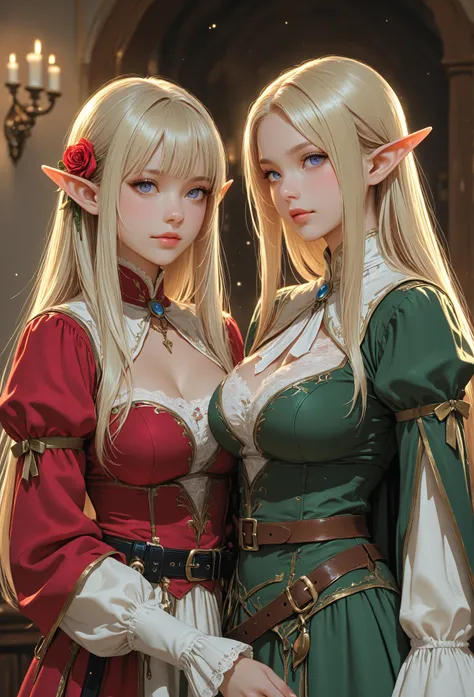 femme elf, des longs cheveux bicolores et des yeux violets, portant des vêtements noirs et roses