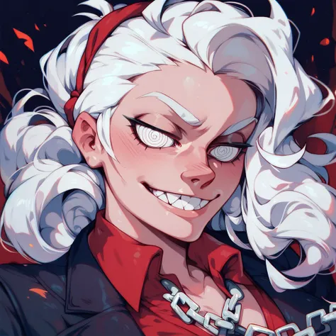 Girl Helltaker artstyle, white hair, blind eyes, wearing a jacket with chains attached, looking down on viewer pointy teeth