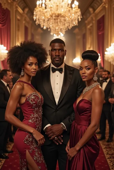Give me an image that has Megan Thee Stallion, the suave strength of Idris Elba, and the regal confidence of Queen Latifah. Set ...