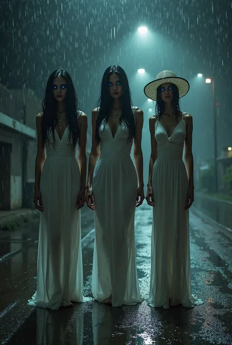 A cinematic horror scene set on a dark, rainy street at night. The streetlights cast a dim, shadowy glow in the pouring rain. Th...
