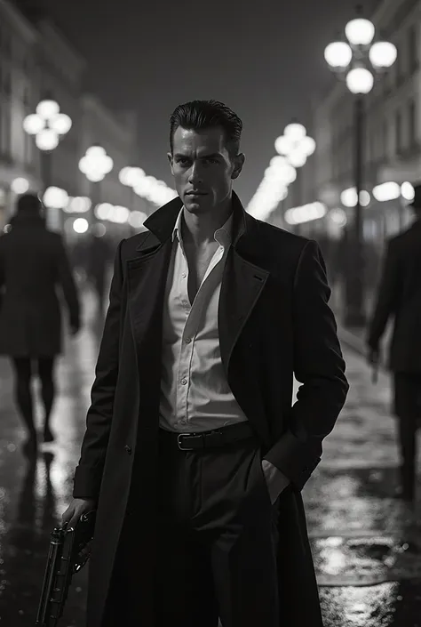 Create a cinematic black-and-white portrait with a gritty, gangster-inspired noir aesthetic. The scene is set on a dimly lit nig...