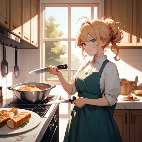 Princess、Kitchen、holding a long knife in both hands、cool to the surroundings、Lots of tableware in the air