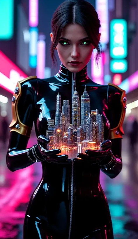 Elegant female medic in glossy black latex surgical suit with gold accents, cybernetic implants on wrists, holding neon-lit goth...