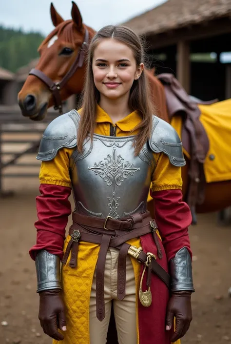A beautiful girl wearing a medieval-style suit of steel and leather armor stands in a horse stable setting. The armor consists o...