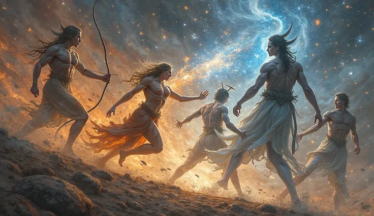 an image of the signs Gemini, Sagittarius, Aries, Libra and Pisces in the form of humans fighting each other