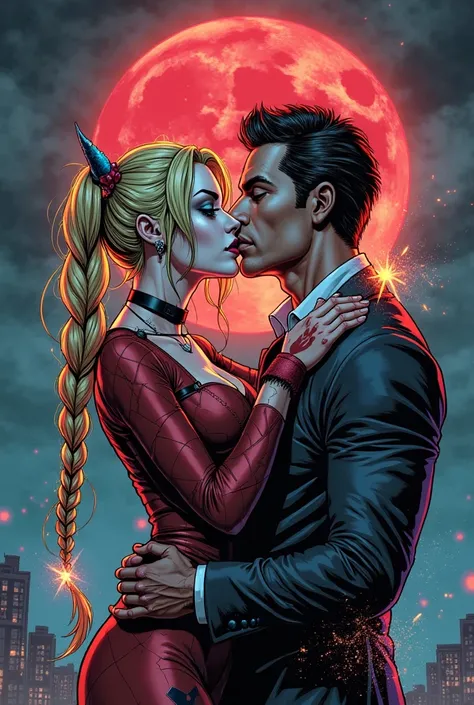 In a dramatic comic-style scene, Harley Quinn is midway through a magical transformation into a wild hyena queen under a blood m...