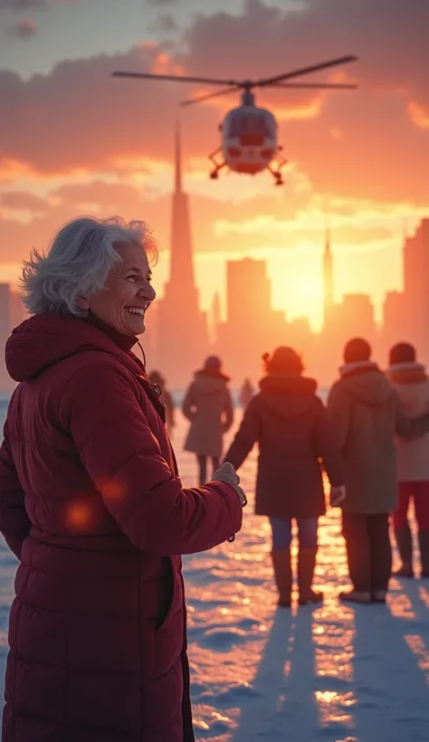 HD image of grandma smiling while passengers get down from the ice helicopter . Everyone looks happy. City buildings and sunset ...