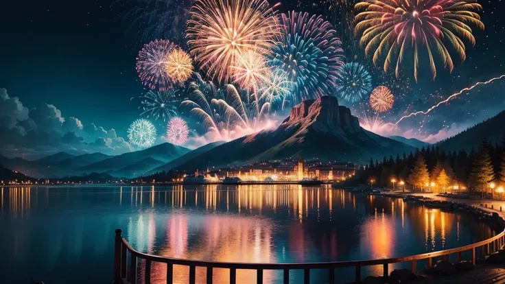 top quality、masterpiece、landscape、colorful and beautiful fireworks