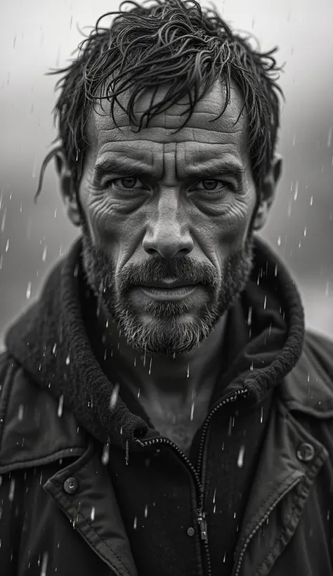 A man standing alone in rain without a raincoat. Close up shot of his face.