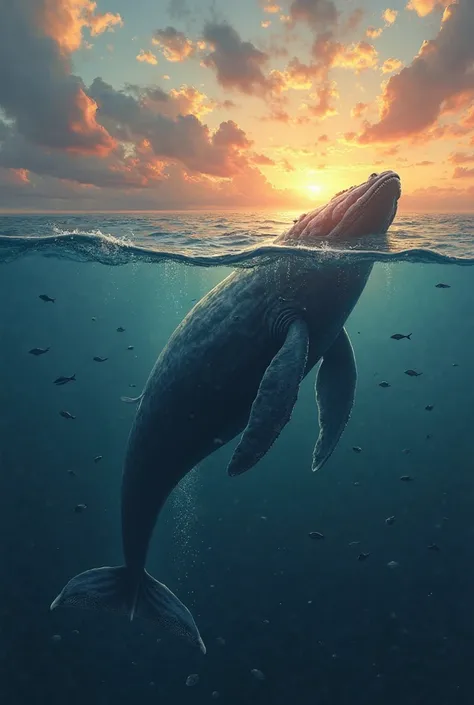 Blue whale diving into the ocean at sunset.