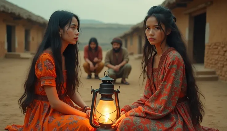 A vintage-style scene featuring two young women in traditional colorful attire seated in a rural setting. Both have long, dark h...