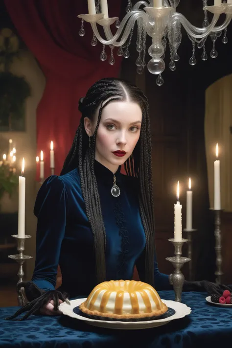 A mysterious beauty with pale skin and long black braids adjusts a velvet tablecloth in a candlelit parlor. Vines creep along th...