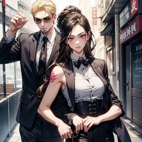 mafia boss, male with black hair and grey eyes, tattoos, yakuza, guns, mafia, cool, hot, sexy, suit and tie, couple, female with...