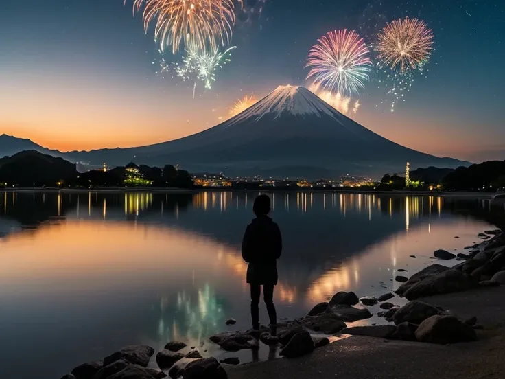 Fireworks illuminating the night sky above Mount Fuji, viewed from a lakeside village. Reflections shimmer on the water’s surfac...