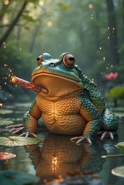 Royal toad with a firecracker in its mouth in a pond