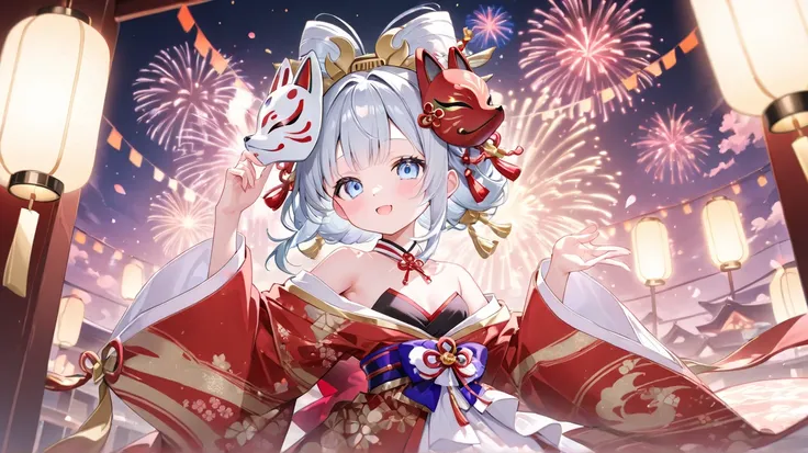 High Quality、cute、medium chest、 Silver Hair、blue eyes、Kimono、Oiran、Fox Mask