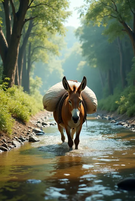 A donkey with salt sacks crossing a shallow river, forest path, sunny background