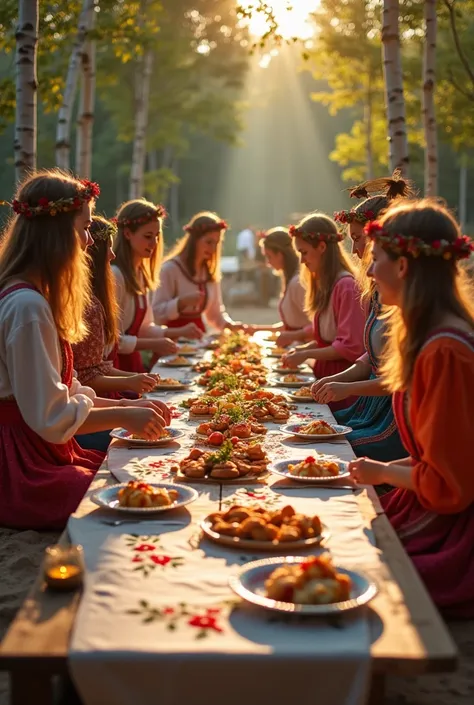 A vibrant beach picnic setup inspired by Ivan Kupala, featuring a long wooden table adorned with a hand-embroidered linen tablec...