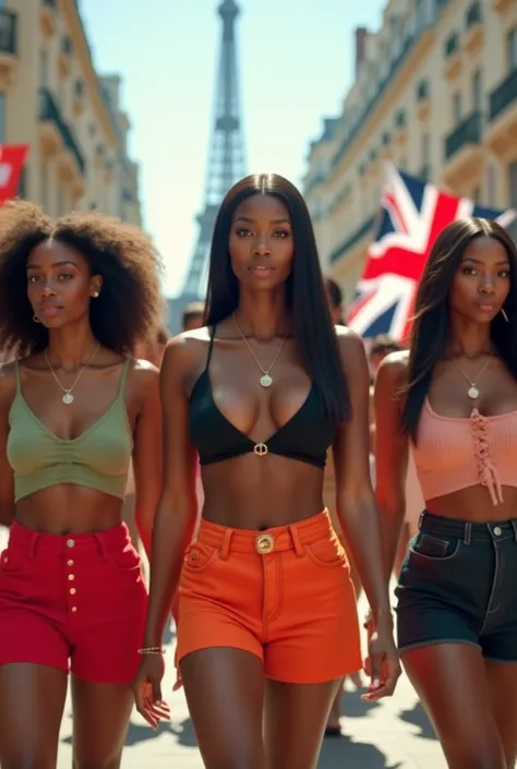 5 black women with smooth hair ,dressed in a miniskirt and crop top, who are walking in the middle of Paris during a festive out...