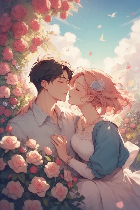 couple anime romance, flowers, sky