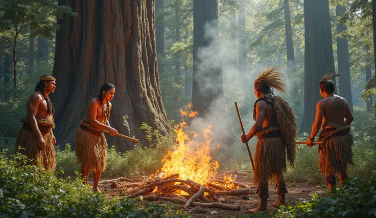 California coastal tribes managing nature — Ohlone or Chumash people setting controlled fires with redwood trees around.
