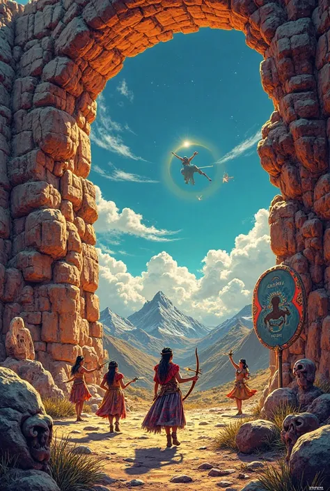 Epic battle at the 'Viachaña Sun Gate': Melissa (Aymara warrior woman) shooting a bright Kantuta arrow with his wooden bow, Edd...