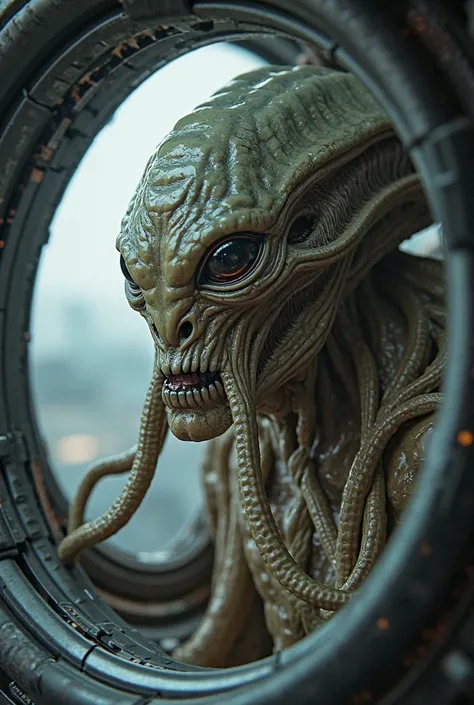 Alien boss looking from inside a ship looking out focus on the alien's face