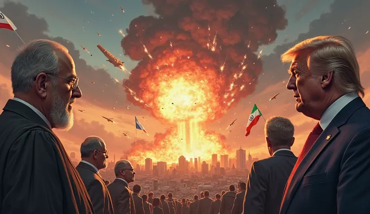 A highly detailed digital illustration of a dramatic standoff between Iran and Israel. In the center, a massive explosion lights...