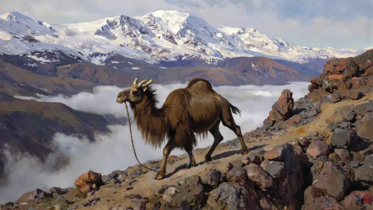 Macrauchenia walking a cliffside trail, below towering Andean peaks and above cloud-choked valleys, evoking both majesty and mel...