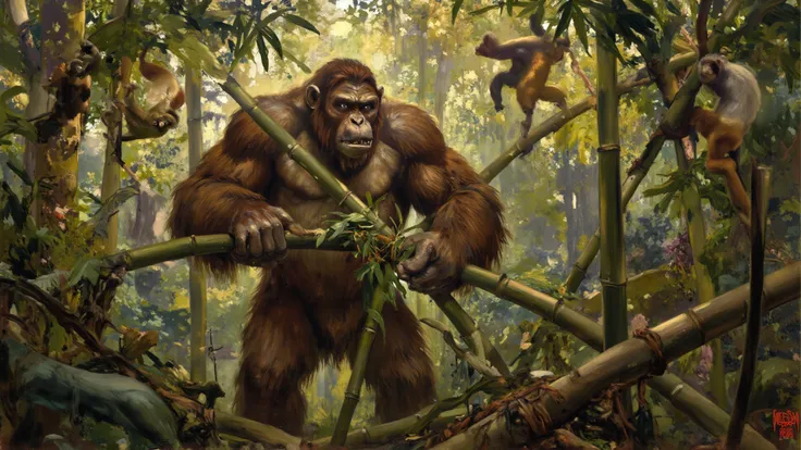 A prehistoric feeding scene—Gigantopithecus tearing bamboo with immense hands while gibbons chatter in the canopy above.