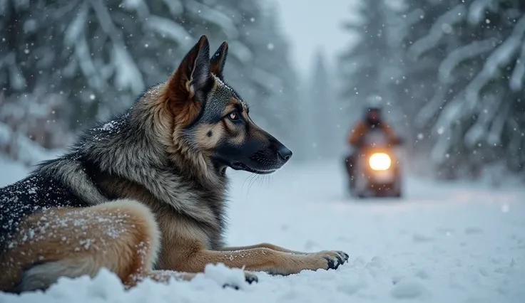 A close-up of Kaiser, the German Shepherd, shivering in the snow, his fur matted with ice, pressed against the massive, warm bod...